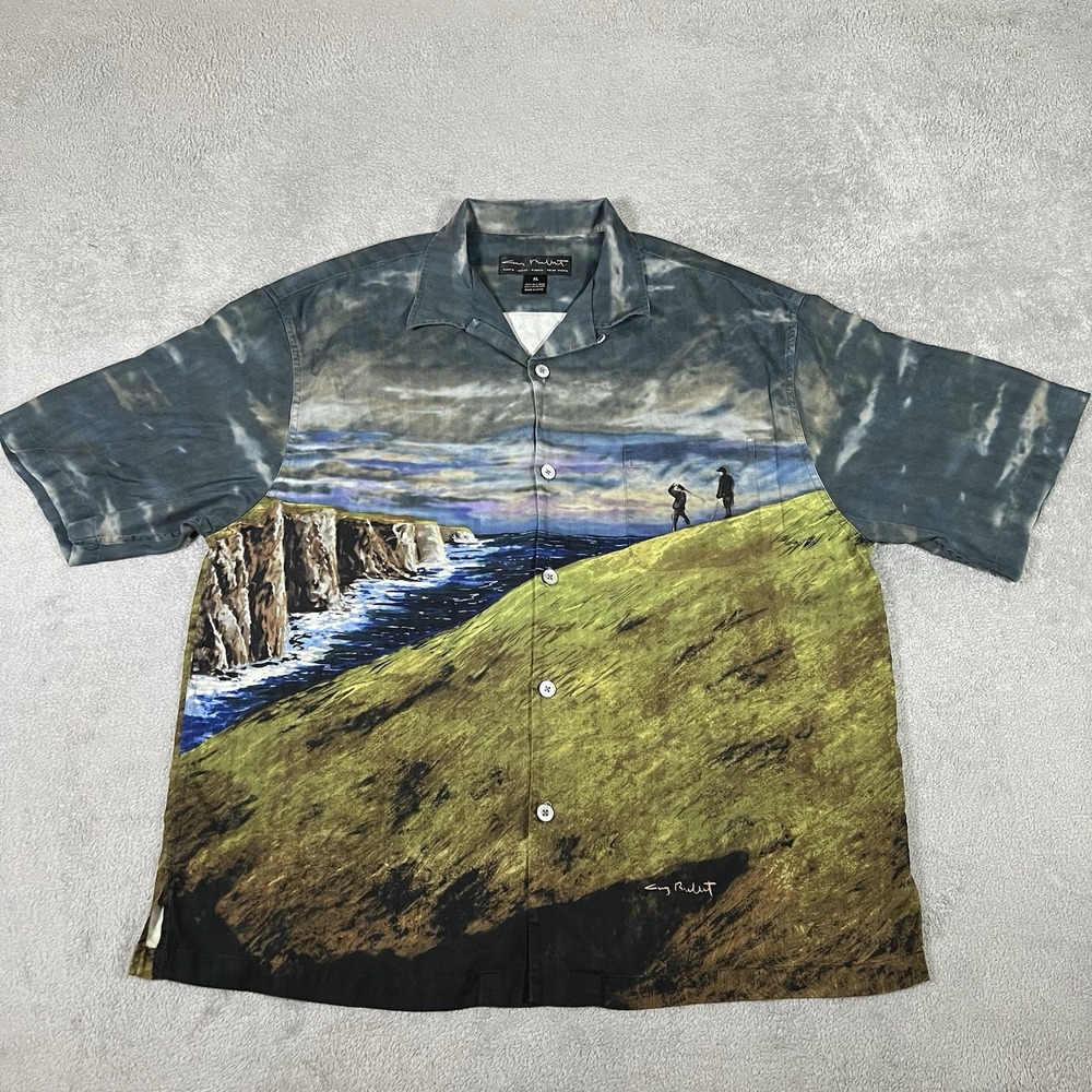 Guy Buffet Shirt Mens XL Silk Golfing Golfer Landscape Loop Collar Button Up